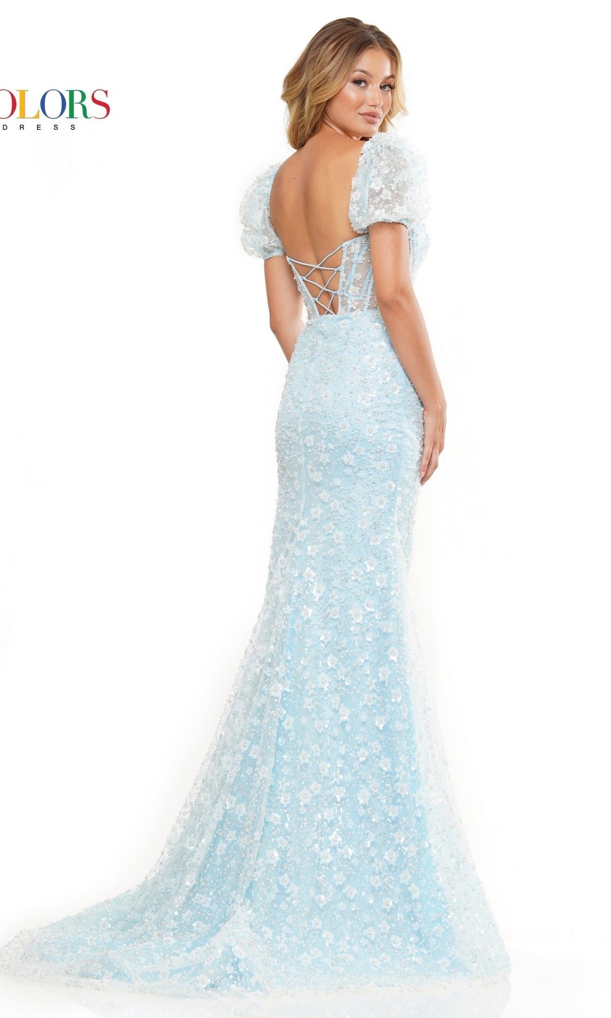 Puff-Sleeve Sheer-Bodice Long Prom Dress 3290