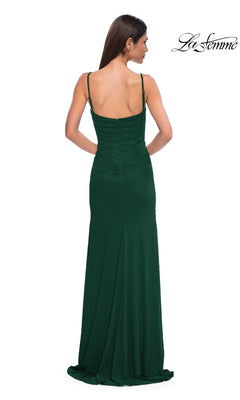 Back view of a woman wearing the Classic Long Sweetheart Prom Dress: La Femme 32925—dark green, floor-length, fitted design with thin straps and corset-style bodice—set against a plain white background.