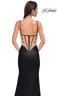 Woman in the La Femme 32930 Beaded-Corset Long Prom Dress, black with lace trim and thin straps, shown from the back with an open back design; La Femme logo appears in the top right corner.