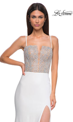 A woman wears the La Femme 32930, a beaded-corset long prom dress with a deep v-neck and high slit, standing against a white background. The La Femme logo appears in the top right corner.