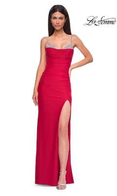 A woman poses with one hand on her hip in the Beaded-Neckline Long Prom Dress: La Femme 32939, a fitted red gown featuring a beaded v-neckline and thigh-high slit. The "La Femme" logo appears in the top right corner.