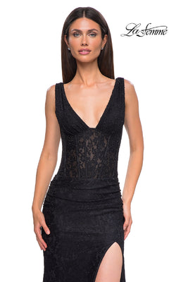 V-Neck Long Lace Prom Dress with Beads Dark Berry / 00 V-Neck Long Lace Prom Dress with Beads Dark Berry / 00