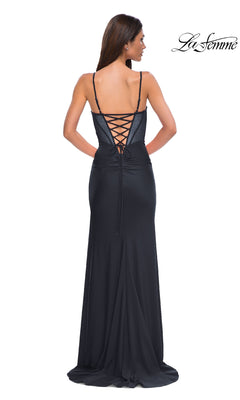 Woman in a Side-Sash Lace-Up Long Prom Dress (La Femme 32977) stands with her back to the camera; "La Femme" logo appears in the top right.