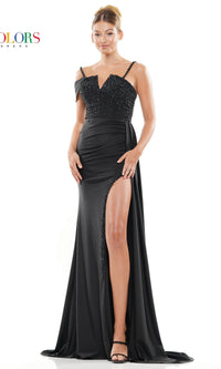 Beaded-Bodice One-Shoulder Long Prom Dress 3297