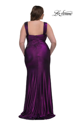 A woman faces away from the camera against a white background, modeling the Plus-Size Simple Long Prom Dress: La Femme 32991, a floor-length, sleeveless purple gown with a ruched back.