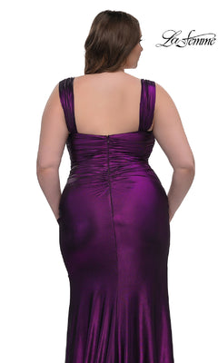 A woman models the Plus-Size Simple Long Prom Dress La Femme 32991, a sleeveless metallic purple gown with a fitted silhouette, shown from the back on a white background.