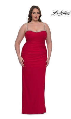 A woman wears the Plus-Size Long Prom Dress: La Femme 32992—a fitted, bead-trimmed red gown. Set against a plain white background with the "La Femme" logo in the top right, this dress exudes elegance for prom.