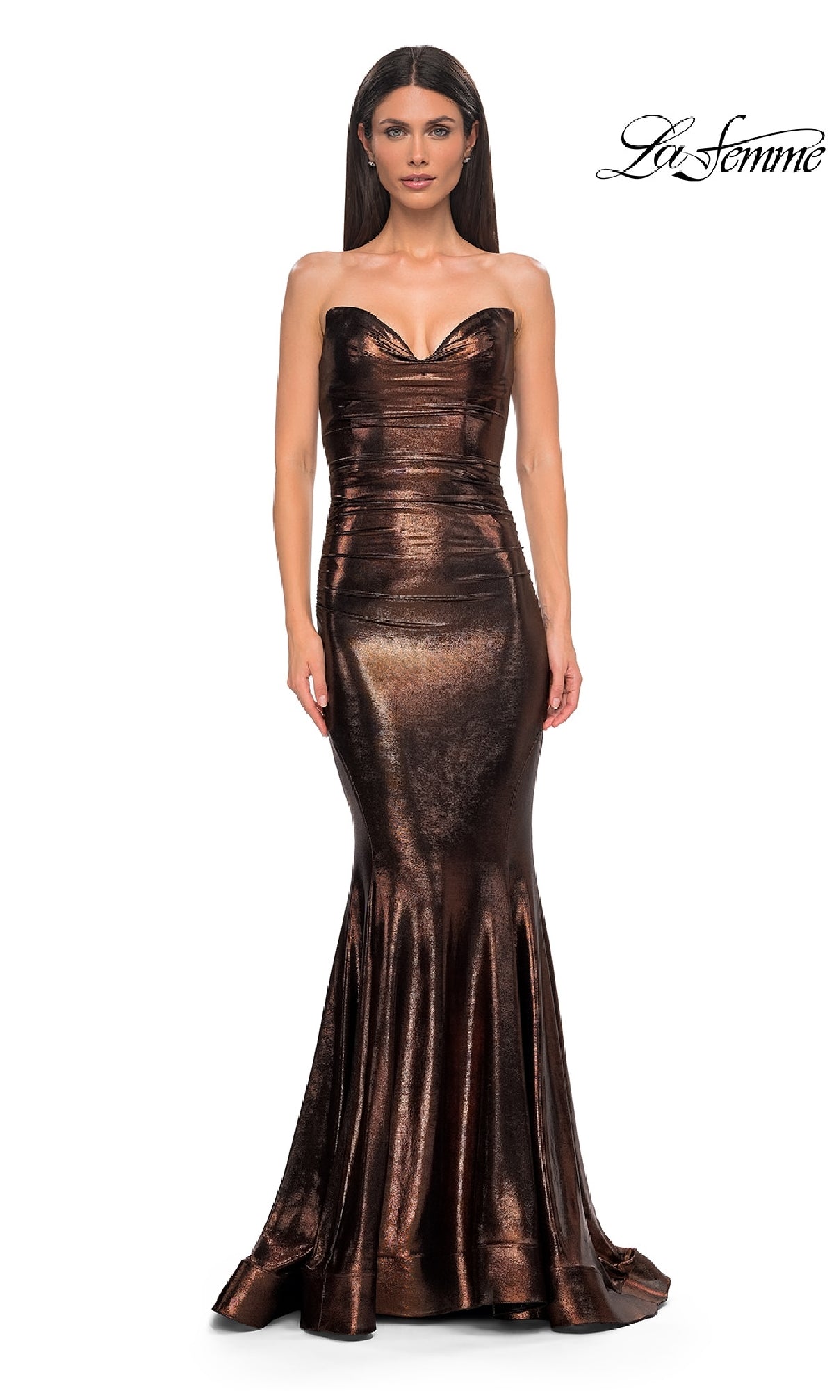 A woman in the Strapless Long Metallic Prom Dress: La Femme 32995 stands facing forward against a white background, with the 