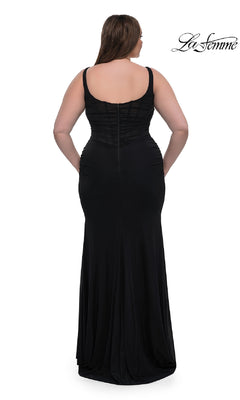 A woman is shown from the back wearing the Plus-Size Simple Long Prom Dress: La Femme 33005 against a white background, with the La Femme logo in the top right corner.