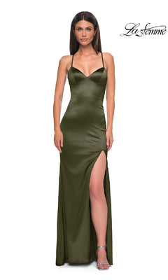 A woman in a La Femme 33010 olive green satin prom dress with thin straps, sweetheart neckline, high side slit, and lace-up back stands against a white background.