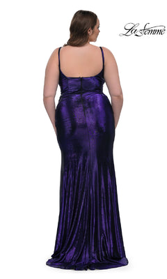 A woman is shown from the back wearing La Femme 33020, a plus-size long metallic prom dress with thin straps and a fitted floor-length design featuring a back zipper closure.