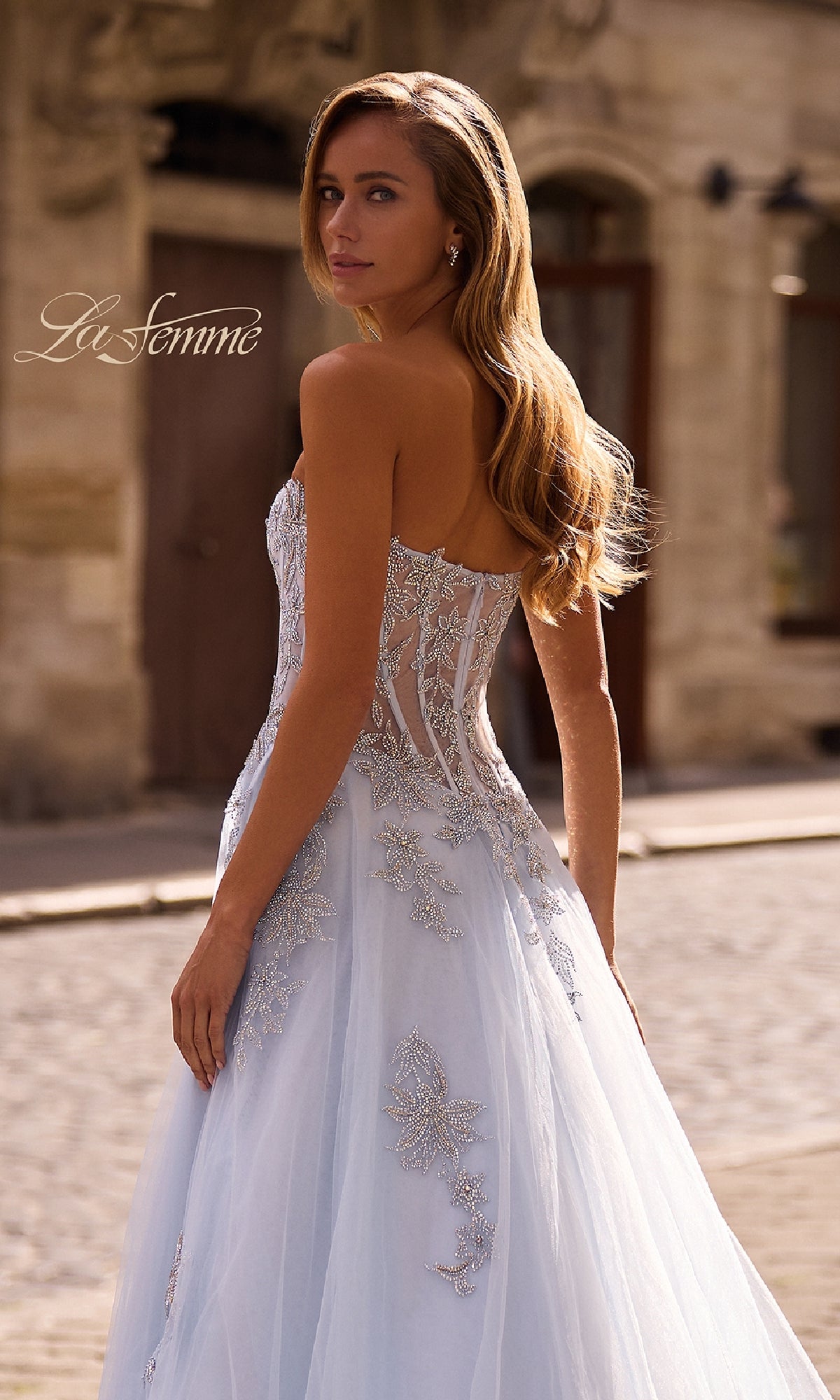 Strapless Beaded Long Prom Gown: La Femme 33028 Light Blue / 00
