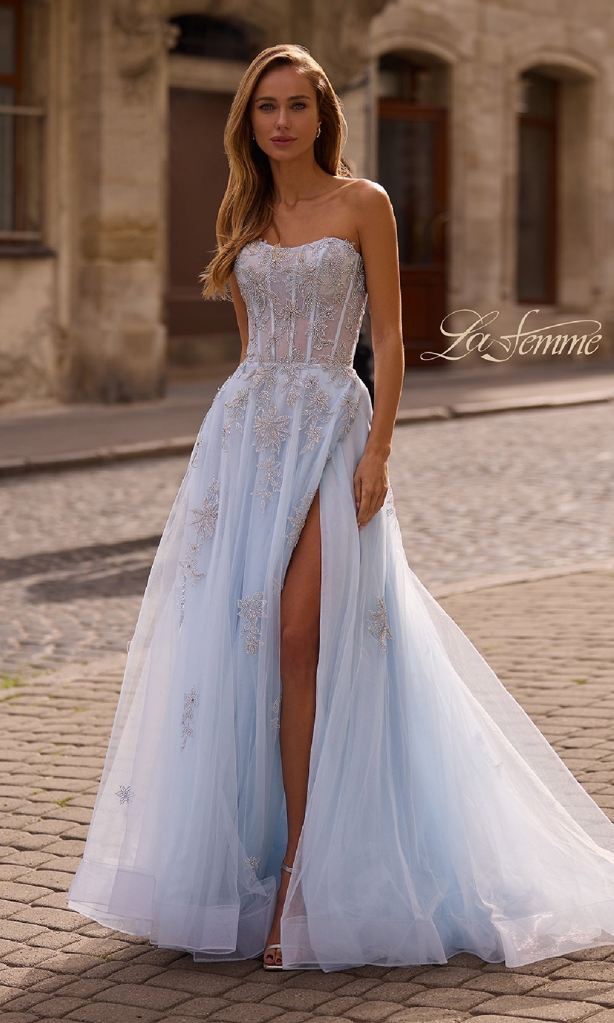 Strapless Beaded Long Prom Gown: La Femme 33028 Light Blue / 00
