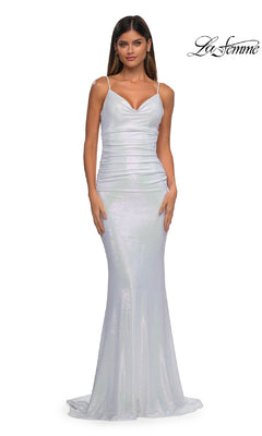 A woman models the Tight Long Metallic Prom Dress: La Femme 33034, a fitted white iridescent bodycon gown with thin spaghetti straps, against a plain white background. The La Femme logo is displayed in the top right corner.