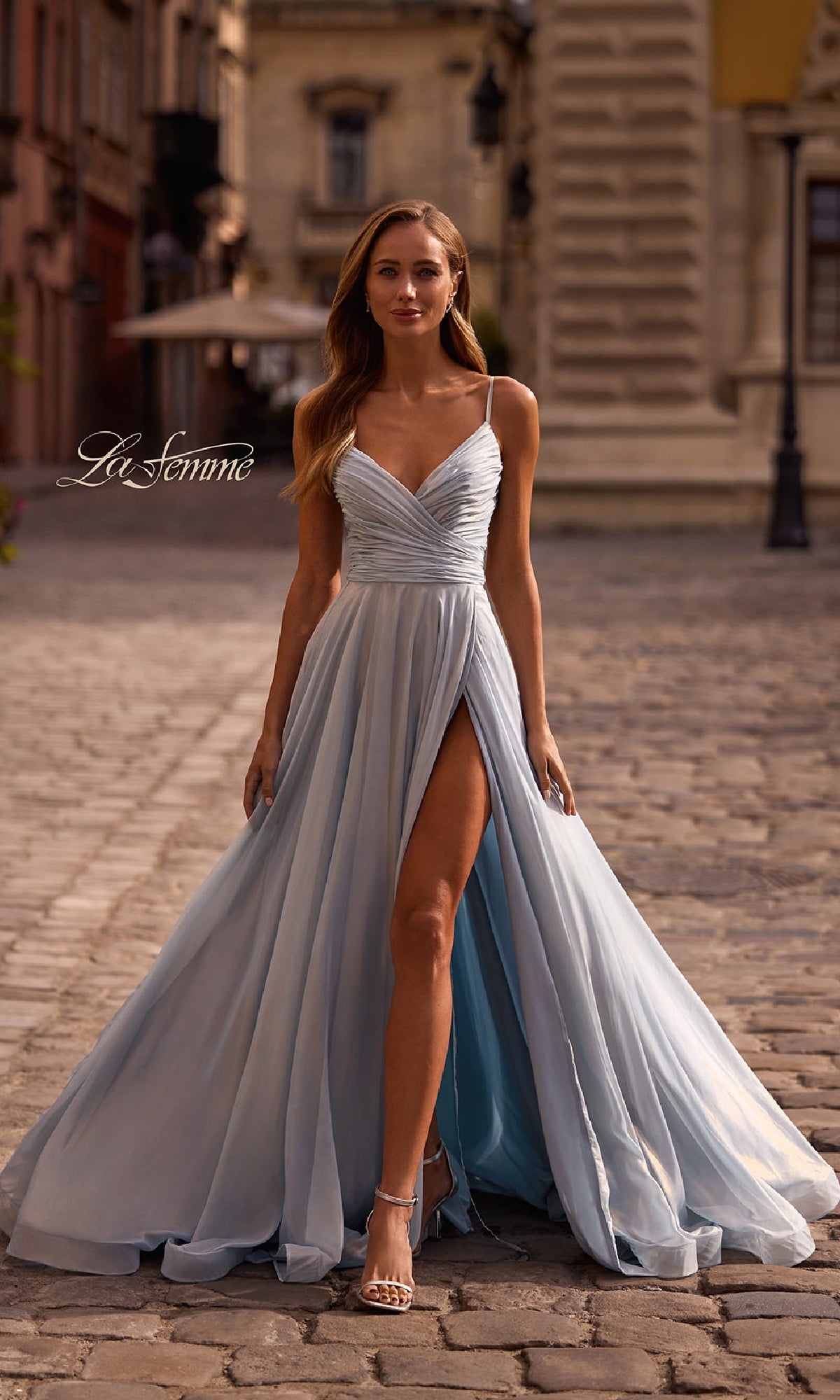 Metallic Chiffon Long Prom Dress: La Femme 33043 Light Blue / 00
