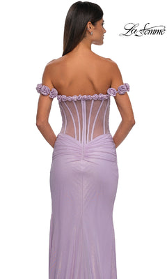 A woman is seen from the back wearing the La Femme 33004 Sheer-Corset Long Prom Dress, a lavender off-the-shoulder gown with floral details, sheer boned bodice, ruched waist, and fitted silhouette.
