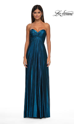 A woman models the Strapless Long Metallic Prom Dress: La Femme 33047 in teal with a sweetheart neckline, standing against a white background. The "La Femme" formal dress logo appears in the top right corner.