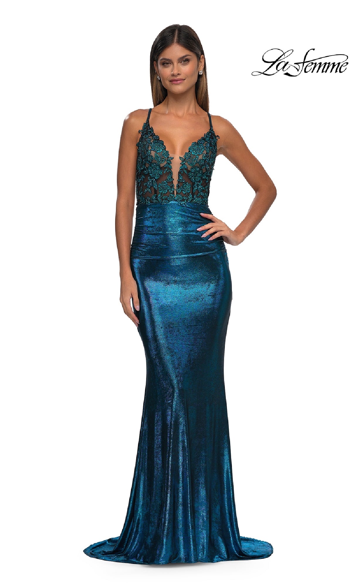 A woman wears the La Femme 33059 Strappy Long Metallic Prom Dress in dark teal, featuring a floor-length, sleeveless design with a deep V-neckline and lace-detailed bodice. The La Femme logo appears in the top right corner.