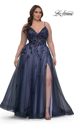 a line dresses for plus size Long Beaded-Lace Prom Dress with Ruffled A-Line Skirt Black / 3
