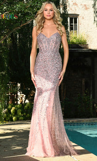 Sheer-Side Long Beaded-Mesh Prom Dress 3307