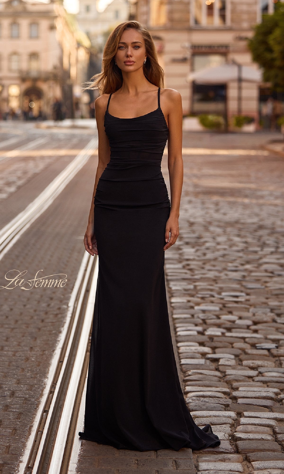Strappy-Back Tight Long Prom Dress: La Femme 33086 Black / 00