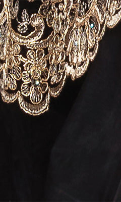 Close-up of gold floral embroidery and beading on the bodice of the Beaded-Bodice Short Prom Dress with Rolled Hem, shown here in black.