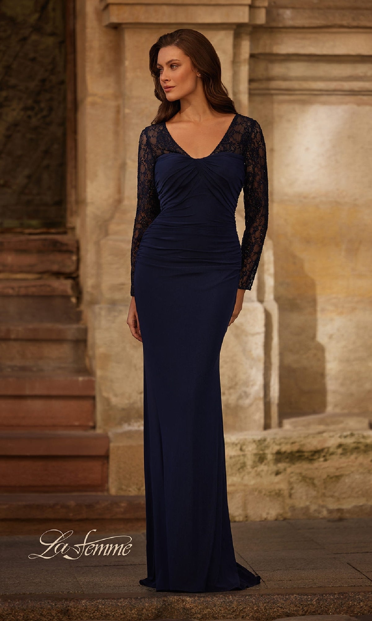 Long-Sleeve Ruched Jersey Formal Dress with Sheer Lace – PromGirl