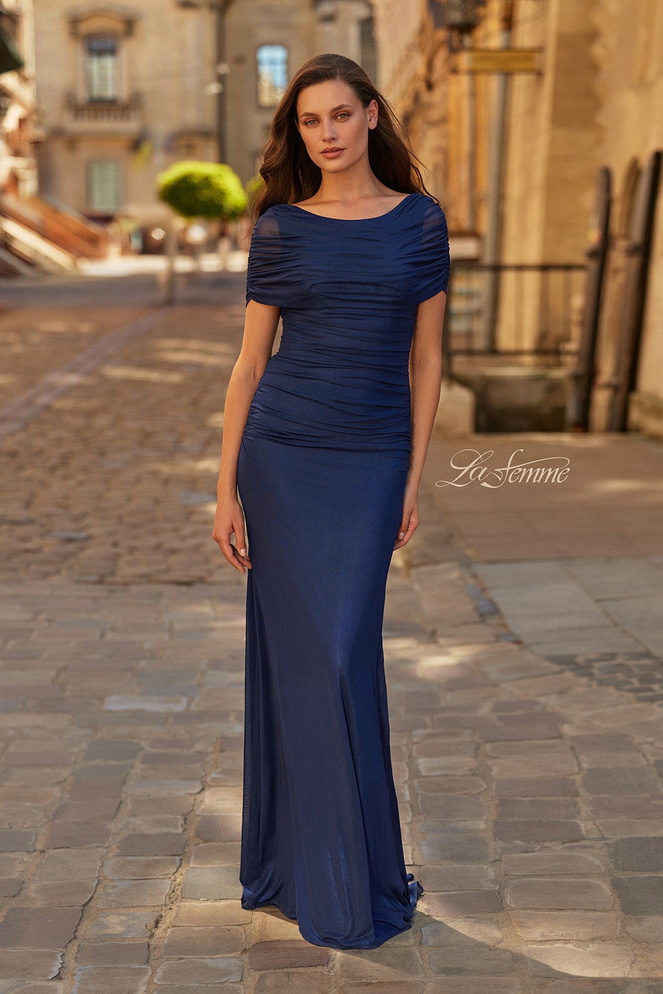 V-Back Long Formal Dress with Short Sleeves Navy / 20