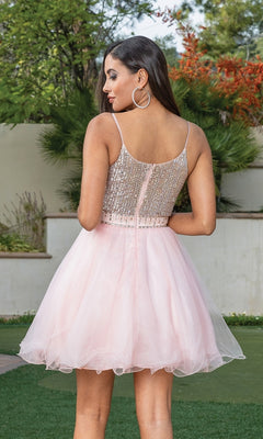 A woman stands outdoors facing away from the camera, wearing the Beaded-Bodice Short Babydoll Homecoming Dress 3313, which features a light pink color with a beaded bodice and tulle skirt.