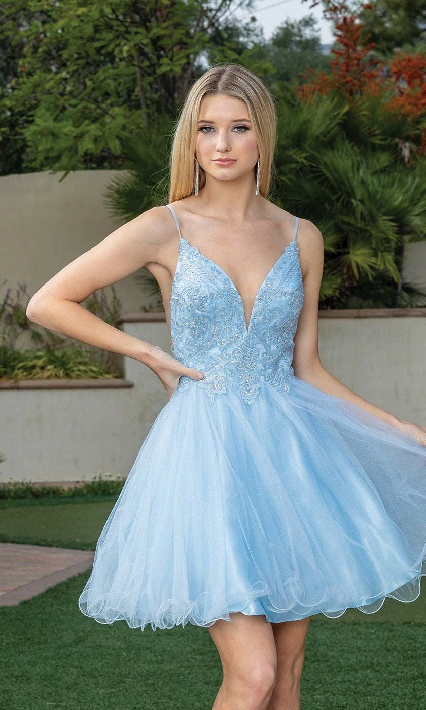 Short Babydoll Homecoming Dress with Beading Bahama Blue / XLarge