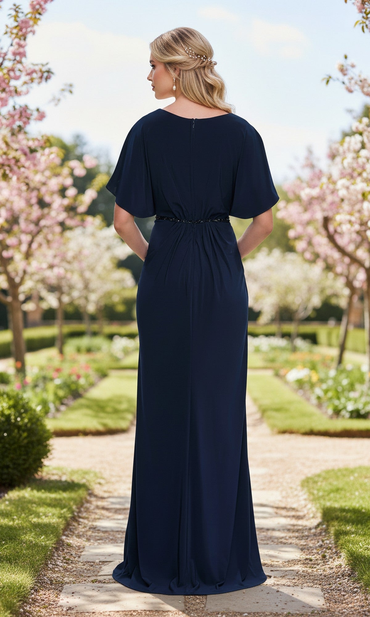 A woman with braided hair stands on a garden path, seen from behind in the La Femme 33158 long prom dress—navy blue, floor-length with short sleeves and a beaded waist belt.