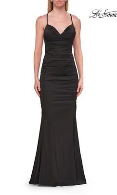 A woman shown from the front against a white background models the La Femme 33193 Low Open-Back Long Prom Dress in black—a fitted, sleeveless evening gown with thin straps, an elegant cowl neck detail, and a subtle mermaid silhouette.