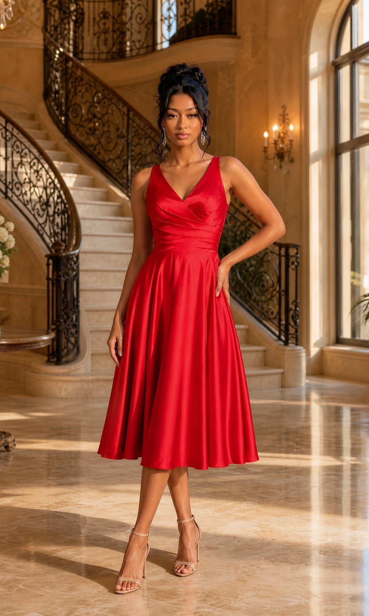 A woman stands in an elegant room with marble floors and a curved staircase, wearing the Dancing Queen 3323A midi party dress in red, featuring a sleeveless design, knee-length a-line skirt, and pleated bodice, complemented by nude heels.