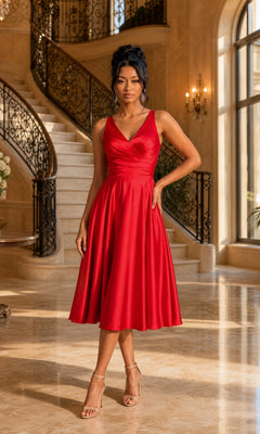 A woman stands in an elegant room with marble floors and a curved staircase, wearing the Dancing Queen 3323A midi party dress in red, featuring a sleeveless design, knee-length a-line skirt, and pleated bodice, complemented by nude heels.