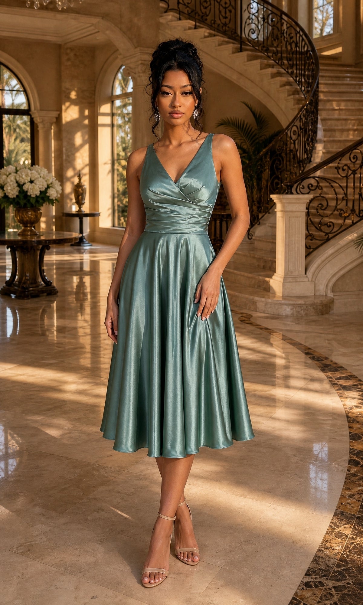 A woman in the Dancing Queen 3323A sage midi party dress with a pleated bodice stands indoors on a marble floor near a staircase, framed by large windows and floral arrangements.