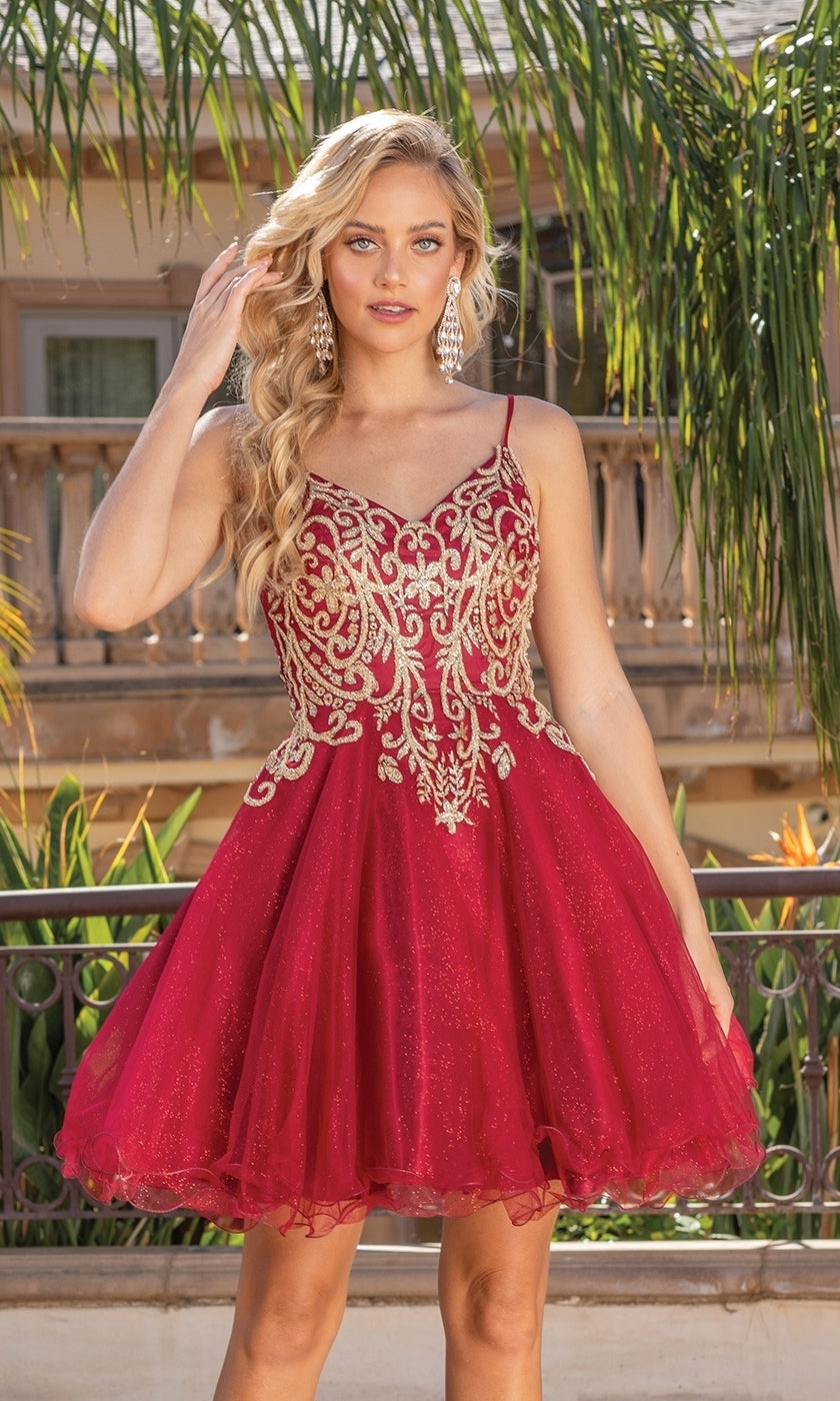 Gold-Embroidered Short Homecoming Dress 3330 Burgundy / XSmall