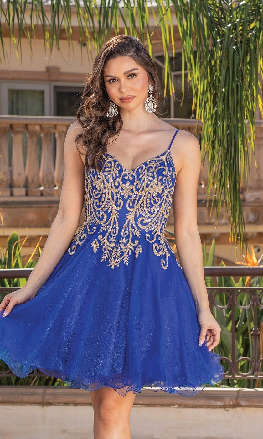 Short Babydoll Homecoming Dress with Gold Embroidery PromGirl Short Babydoll Homecoming Dress with Gold Embroidery PromGirl