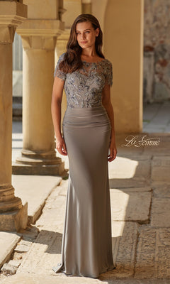 Illusion Short-Sleeve Beaded Lace Long Formal Dress Teal / 14