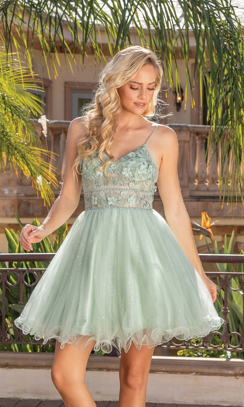 Belle House Women's Tulle Beaded Short Prom Dress - Homecoming Ball Gown With Sheer Neckline