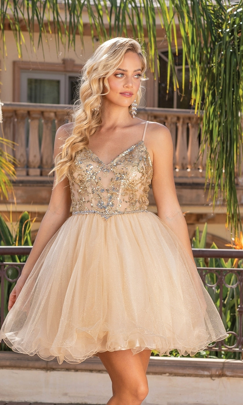 Sheer-Corset Short Babydoll Homecoming Dress 3337 Gold / XSmall Sheer-Corset Short Babydoll Homecoming Dress 3337 Gold / XSmall