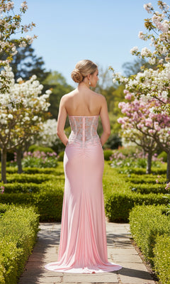 Wearing the La Femme 33398 long prom dress—a strapless, pale pink gown with a lace corset bodice—a woman stands on a garden path among blooming trees and trimmed bushes beneath a clear sky.