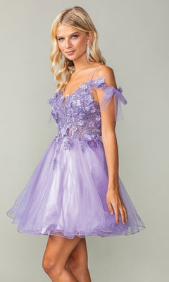 A woman in the Sheer-Corset Short Babydoll Hoco Dress 3339, a short lilac tulle party dress with floral lace appliqué and sheer off-shoulder sleeves, stands against a plain background.