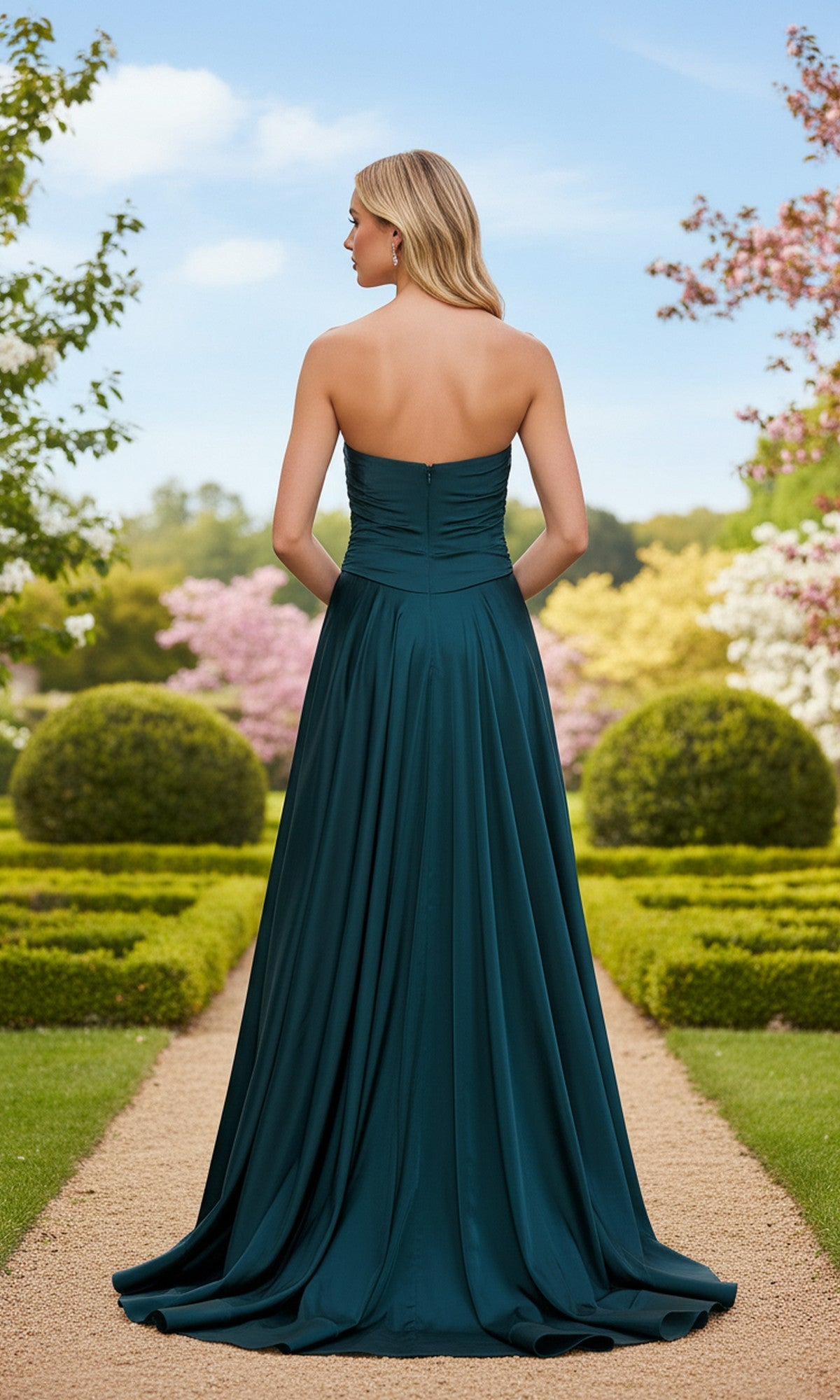 A woman in the Strapless Sweetheart Prom Gown: La Femme 33417 stands on a garden path, facing away, surrounded by trimmed hedges and blooming trees beneath a blue sky.
