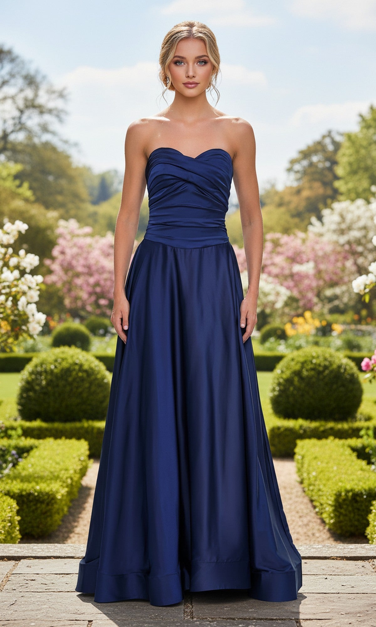 A woman in the Strapless Sweetheart Prom Gown: La Femme 33417 stands in a formal garden, framed by trimmed hedges and blooming flowers.
