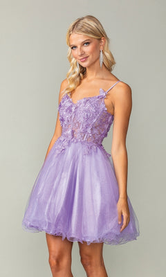 A woman wears the Lace-Up Short Butterfly Homecoming Dress 3341, a short lavender spaghetti strap dress with lace and tulle details, standing against a plain background.