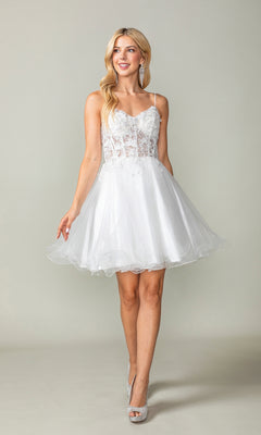 Woman wearing the Lace-Up Short Butterfly Homecoming Dress 3341, featuring a lace bodice and tulle skirt, paired with high heels, standing against a plain light background.