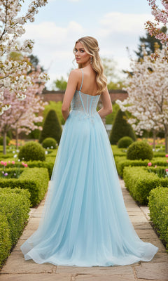 Wearing the La Femme 33436 long prom dress, a woman in a light blue, floor-length sleeveless gown with an embellished corset bodice stands on a stone path in a formal garden with blooming trees and trimmed hedges.