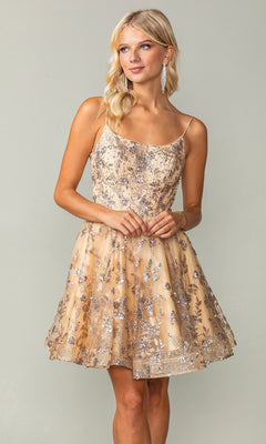 A woman models the Short Glitter-Print Homecoming Dress 3343, a sleeveless champagne dress with silver sequin floral patterns, standing against a plain light background.