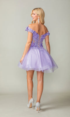 A woman faces away, wearing the Off-the-Shoulder Short Babydoll Hoco Dress 3344 in lavender with floral appliques, a lace-up back, and silver heels.