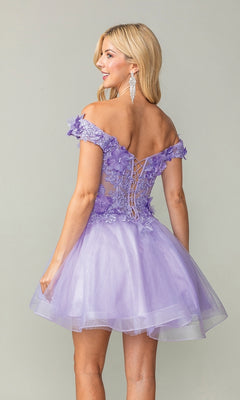 A woman models the Off-the-Shoulder Short Babydoll Hoco Dress 3344 in lavender, featuring floral appliqués and a lace-up back, posing confidently against a plain background.